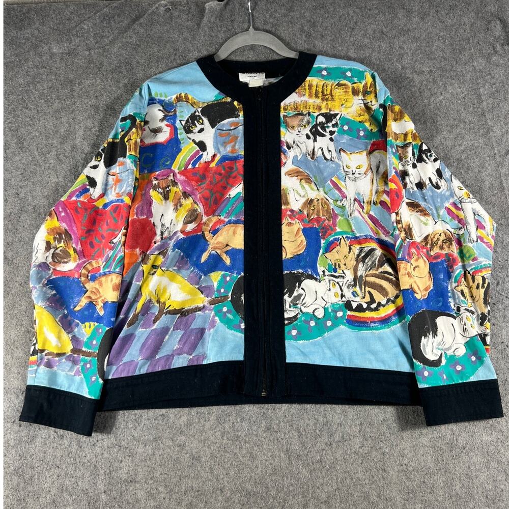VTG Silkscapes Maryland Cats Jacket Womens Large Colorful Art All Over Print